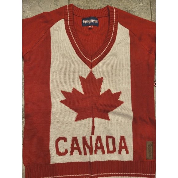 New Tipsy Elves Canada Maple Leaf V Neck Sweater Red White Sz XS - Picture 2 of 6